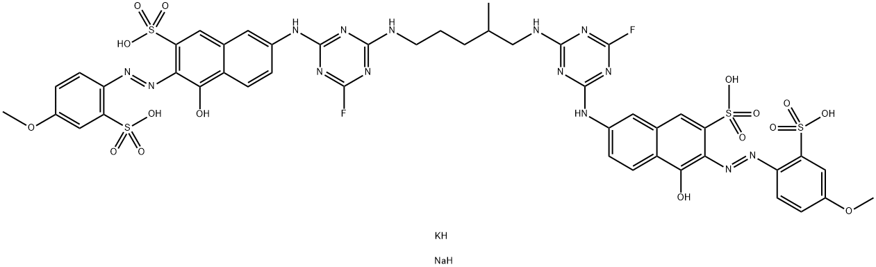 2-Naphthalenesulfonic acid, 7,7-(2-methyl-1,5-pentanediyl)bisimino(6-fluoro-1,3,5-triazine-4,2-diyl)iminobis4-hydroxy-3-(4-methoxy-2-sulfophenyl)azo-, potassium sodium salt Struktur