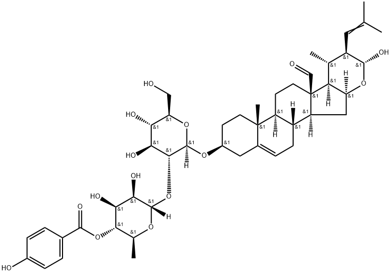 3-((2-O-(6-deoxy-4-O-(4-hydroxybenzoyl)mannopyranosyl)glucopyranosyl)oxy)-16,23-epoxy-23-hydroxy-22-(2-methyl-1-propenyl)-24-norchol-5-en-18-al Struktur