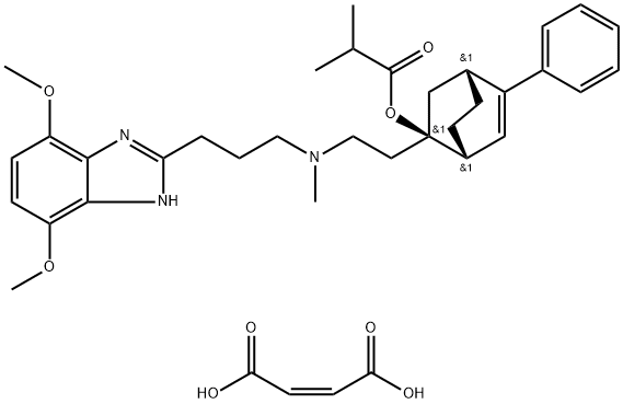 Propanoic acid, 2-methyl-, (1R,2R,4R)-2-[2-[[3-(4,7-dimethoxy-1H-benzimidazol-2-yl)propyl]methylamino]ethyl]-5-phenylbicyclo[2.2.2]oct-5-en-2-yl ester, (2Z)-2-butenedioate (1:2) Struktur