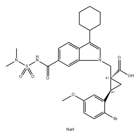 disodium (1R,2R)-2-(2-bromo-5-methoxyphenyl)-1-({3-cyclohexyl-6-[(3,3-dimethyl-2,2-dioxido-2-diazathian-1-id-1-yl)carbonyl]-1H-indol-1-yl}methyl)cyclopropanecarboxylate Struktur