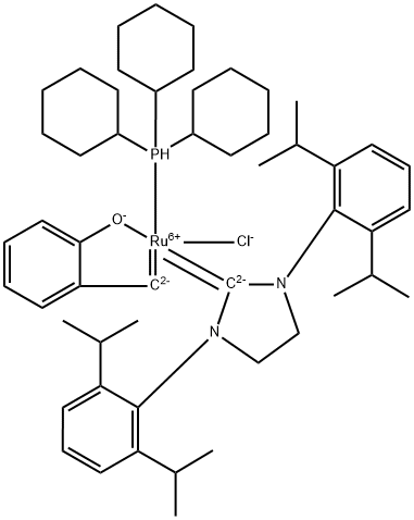 [1,3-Bis(2,6-di-i-propylphenyl)imidazolidin-2-ylidene)(tricyclohexylphosphine)-(2-oxobenzylidene)ruthenium(II) chloride LatMet SIPr Struktur