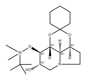 Spirocyclohexane-1,2-1,3dioxino4,5,6-hiindolizin-8-ol, 9-(1,1-dimethylethyl)dimethylsilyloxyoctahydro-, 3aS-(3a.alpha.,8.alpha.,9.beta.,9a.beta.,9b.alpha.)- Struktur