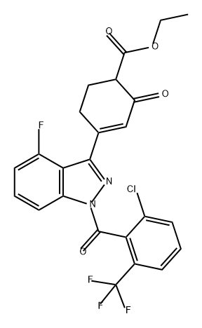 ethyl 4-(1-(2-chloro-6-(trifluoromethyl)benzoyl)-4-fluoro-1H-indazol-3-yl)-2-oxocyclohex-3-ene-1-carboxylate Struktur