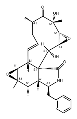 3H-Oxireno[f]oxireno[9,10]cycloundec[1,2-d]isoindole-3,12(4H)-dione, 1a,2,5,7a,7b,8a,9,9a,10,11,13,13a-dodecahydro-2,13-dihydroxy-2,4,8a,9-tetramethyl-10-(phenylmethyl)-, (1aR,2R,4S,6E,7aR,7bS,8aR,9S,9aR,10S,12aR,13S,13aS)- Struktur