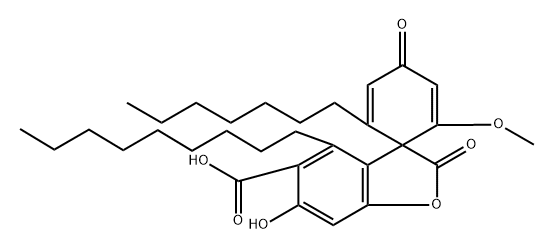 Spiro[benzofuran-3(2H),1'-[2,5]cyclohexadiene]-5-carboxylic acid, 2'-heptyl-6-hydroxy-6'-methoxy-4-nonyl-2,4'-dioxo- (9CI) Struktur