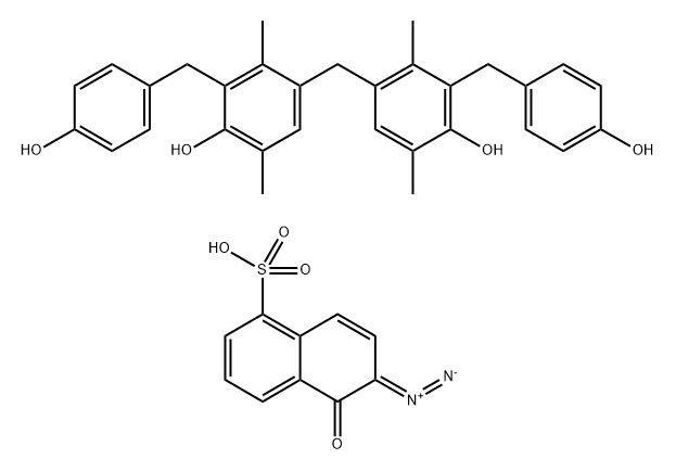 A mixture of: reaction product of 4,4'-methylenebis[2-(4-hydroxybenzyl)-3,6-dimethylphenol] and 6-diazo-5,6-dihydro-5-oxo-naphthalenesulfonate (1:2): Reaction product of 4,4'-methylenebis[2-(4-hydroxybenzyl)-3,6-dimethylphenol] and 6-diazo-5,6-dihydro-5-oxo-naphthalenesulfonate (1:3) Struktur