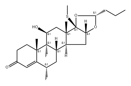 Androst-4-en-3-one, 16,17-[(1R)-butylidenebis(oxy)]-6,9-difluoro-11-hydroxy-17-(methylthio)-, (6α,11β,16α,17β)- Struktur