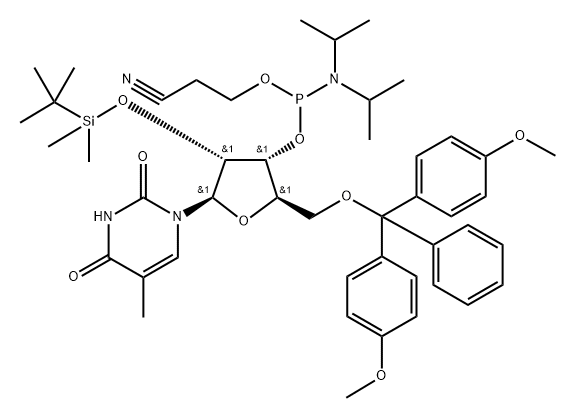 Uridine, 5'-O-[bis(4-methoxyphenyl)phenylmethyl]-2'-O-[(1,1-dimethylethyl)dimethylsilyl]-5-methyl-, 3'-[2-cyanoethyl N,N-bis(1-methylethyl)phosphoramidite] Struktur