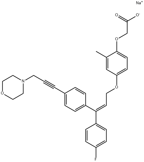 Acetic acid, 2-[4-[[(2E)-3-(4-fluorophenyl)-3-[4-[3-(4-morpholinyl)-1-propyn-1-yl]phenyl]-2-propen-1-yl]oxy]-2-methylphenoxy]-, sodium salt (1:1) Struktur