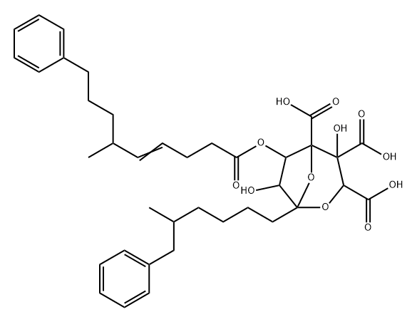 D-glycero-L-glycero-D-altro-7-Trideculo-7,4-furanosonic acid, 2,7-anhydro-3,4-di-C-carboxy-8,9,10,11,12,13-hexadeoxy-12-(phenylmethyl)-, 5-[(4E,6R)-6-methyl-9-phenyl-4-nonenoate], (7S)- (9CI) Struktur