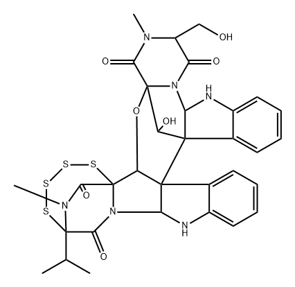 22bH-18,22a-(Iminomethano)-10b,23a-methano-10bH,23aH-indolo[2′′,3′′:2′,3′][1,2,3,4,6]tetrathiazocino[6′′,5′′:1′,5′]pyrrolo[3′,4′:6,7]pyrazino[2′′′,1′′′:2,3][1,3]oxazepino[4,5-b]indole-1,4,17,25(18H)-tetrone, 2,3,5a,6,15,15a-hexahydro-24-hydroxy-3-(hydroxymethyl)-2,26-dimethyl-18-(1-methylethyl)-, (3R,5aR,10bS,10cR,15aS,18R,22aR,22bR,23aR,24R)-rel-(+)- Struktur