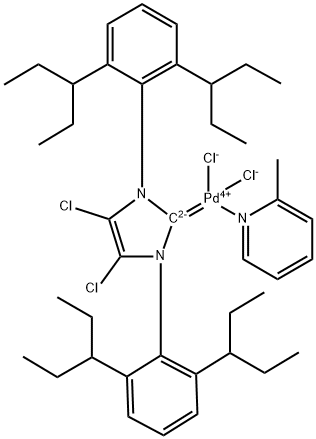 Palladium, [1,3-bis[2,6-bis(1-ethylpropyl)phenyl]-4,5-dichloro-1,3-dihydro-2H-imidazol-2-ylidene]dichloro(2-methylpyridine)-, (SP-4-1)- Struktur