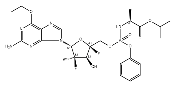 L-Alanine, N-[(2'R)-2'-deoxy-6-O-ethyl-2'-fluoro-4'-C-fluoro-2'-methyl-P-phenyl-5'-guanylyl]-, 1-methylethyl ester Struktur