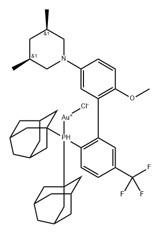 rel-(3R,5S)-1-[2'-[Bis(tricyclo[3.3.1.13,7]dec-1-yl)phosphino-κP]-6-methoxy-5'-(trifluoromethyl)[1,1'-biphenyl]-3-yl]-3,5-dimethylpiperidine]chlorogold Struktur