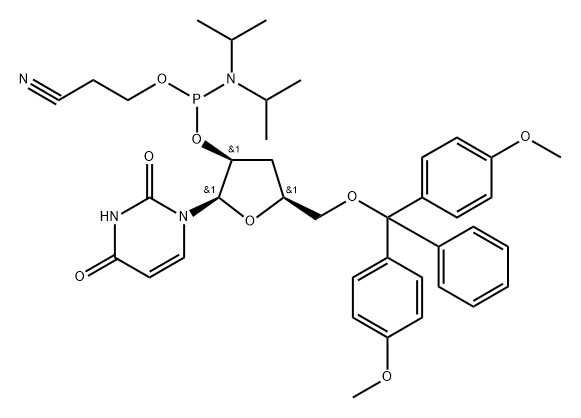 5’-O-DMTr-3’-deoxyuridine 2’-CED phosphoramidite Struktur