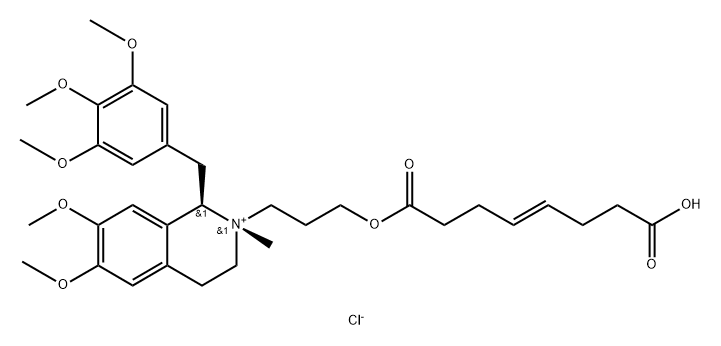 Isoquinolinium, 2-[3-[[(4E)-7-carboxy-1-oxo-4-hepten-1-yl]oxy]propyl]-1,2,3,4-tetrahydro-6,7-dimethoxy-2-methyl-1-[(3,4,5-trimethoxyphenyl)methyl]-, chloride (1:1), (1R,2S)- Struktur