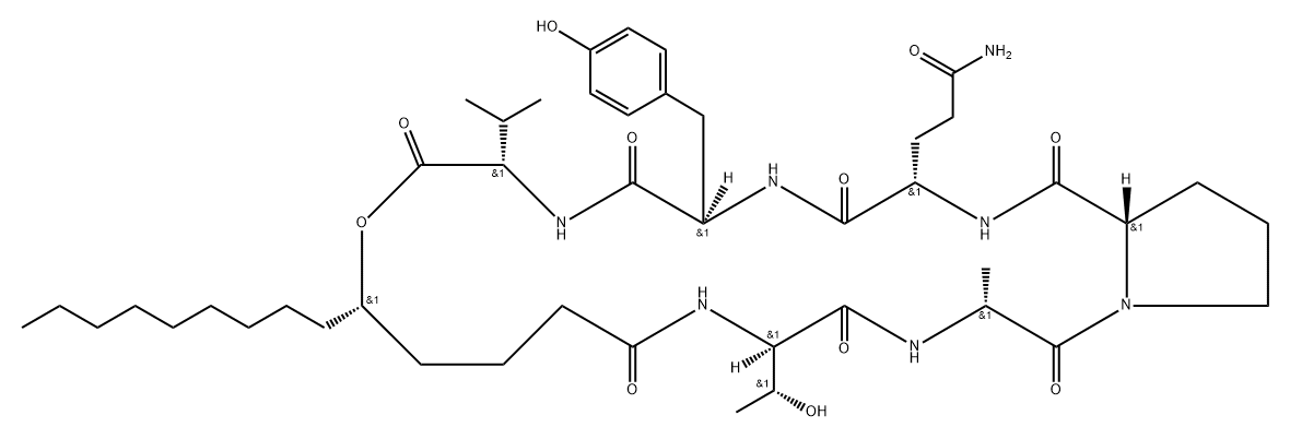 Cyclo[D-alanyl-L-prolyl-L-glutaminyl-D-tyrosyl-L-valyl-(5S)-5-hydroxytetradecanoyl-D-allothreonyl] Struktur