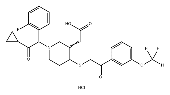 2-{1-[(2-Cyclopropyl-1-(2-fluorophenyl)-2-oxoethyl]-4-{2-[3-(methoxy-d3)-phenyl]-2-oxoethylthio}piperidin-3-ylidene}acetic acid hydrochloride Struktur