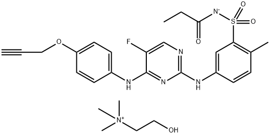 Ethanaminium, 2-hydroxy-N,N,N-trimethyl-, salt with N-[[5-[[5-fluoro-4-[[4-(2-propyn-1-yloxy)phenyl]amino]-2-pyrimidinyl]amino]-2-methylphenyl]sulfonyl]propanamide (1:1) Struktur