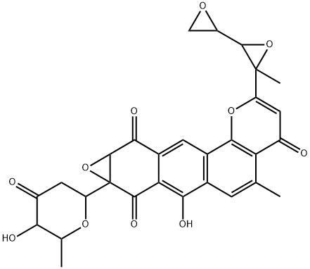 4H-Oxireno[6,7]anthra[1,2-b]pyran-4,8,10-trione, 8a-(2,6-dideoxyhexopyranos-3-ulos-1-yl)-8a,9a-dihydro-7-hydroxy-5-methyl-2-(3-methyl[2,2'-bioxiran]-3-yl)- (9CI) Struktur