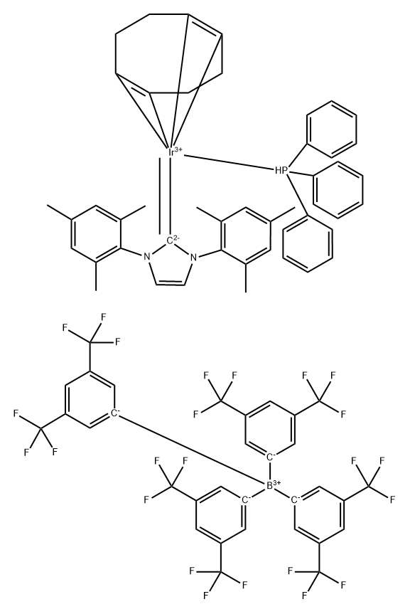 Triphenylphosphine(1,5-cyclooctadiene)[1,3-bis(2,4,6-trimethylphenyl)imidazol-2-ylidene] iridium(I) tetrakis(3,5-bis(trifluoromethyl)phenylborate, min. 98% Struktur