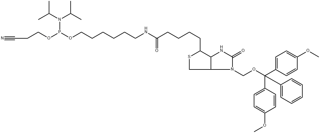 Phosphoramidous acid, N,N-bis(1-methylethyl)-, 6-[[5-[1-[[bis(4-methoxyphenyl)phenylmethoxy]methyl]hexahydro-2-oxo-1H-thieno[3,4-d]imidazol-4-yl]-1-oxopentyl]amino]hexyl 2-cyanoethyl ester Struktur