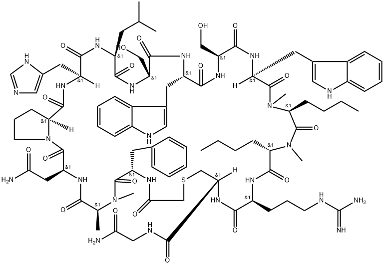 Glycinamide, N-(2-mercaptoacetyl)-L-phenylalanyl-N-methyl-L-alanyl-L-asparaginyl-L-prolyl-L-histidyl-L-leucyl-L-seryl-L-tryptophyl-L-seryl-L-tryptophyl-N-methyl-L-norleucyl-N-methyl-L-norleucyl-L-arginyl-L-cysteinyl-, cyclic (1→14)-thioether Struktur