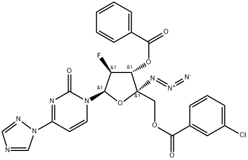 2(1H)-Pyrimidinone, 1-[4-C-azido-3-O-benzoyl-5-O-(3-chlorobenzoyl)-2-deoxy-2-fluoro-β-D-arabinofuranosyl]-4-(1H-1,2,4-triazol-1-yl)- Struktur