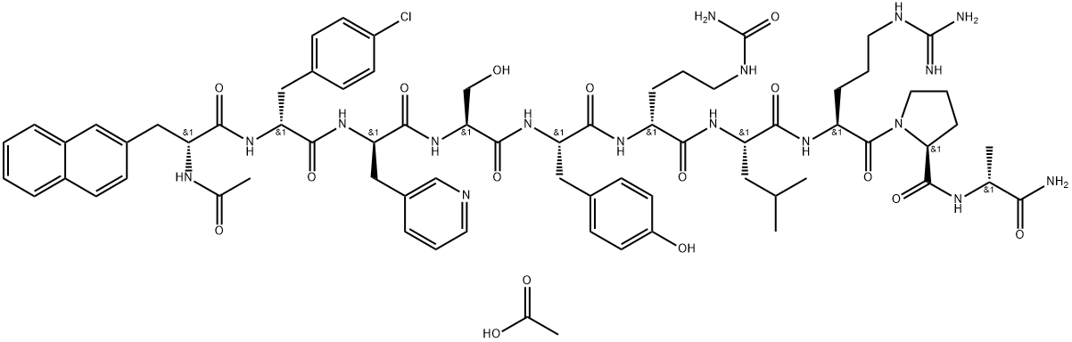 D-Alaninamide, N-acetyl-3-(2-naphthalenyl)-D-alanyl-4-chloro-D-phenylalanyl-3-(3-pyridinyl)-D-alanyl-L-seryl-L-tyrosyl-N5-(aminocarbonyl)-D-ornithyl-L-leucyl-L-arginyl-L-prolyl-, acetate (1:1) Struktur