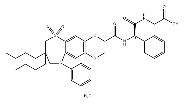 Glycine, (2R)-N-[2-[[3,3-dibutyl-2,3,4,5-tetrahydro-7-(methylthio)-1,1-dioxido-5-phenyl-1,5-benzothiazepin-8-yl]oxy]acetyl]-2-phenylglycyl-, hydrate (1:1)|依洛西巴特水合物