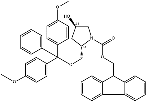 1-Pyrrolidinecarboxylic acid, 2-[[bis(4-methoxyphenyl)phenylmethoxy]methyl]-4-hydroxy-, 9H-fluoren-9-ylmethyl ester, (2S,4R)- Struktur