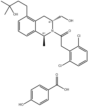 Benzoic acid, 4-hydroxy-, compd. with 2-(2,6-dichlorophenyl)-1-[(1S,3R)-3,4-dihydro-3-(hydroxymethyl)-5-(3-hydroxy-3-methylbutyl)-1-methyl-2(1H)-isoquinolinyl]ethanone (1:1)|化合物 MEVIDALEN HBA