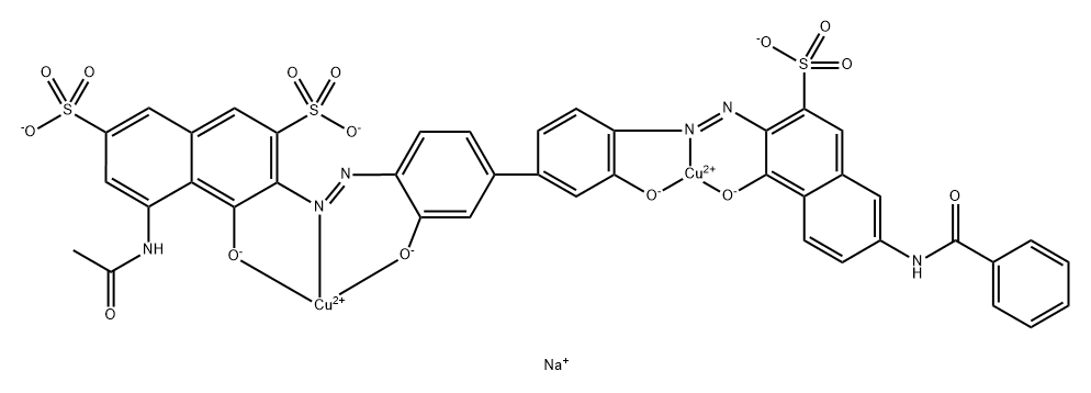 trisodium [4'-(8-acetylamino-3,6-disulfonato-2-naphthylazo)-4''-(6-benzoylamino-3-sulfonato-2-naphthylazo)-biphenyl-1,3',3'',1'''-tetraolato-O,O',O'',O''']copper(II) Struktur