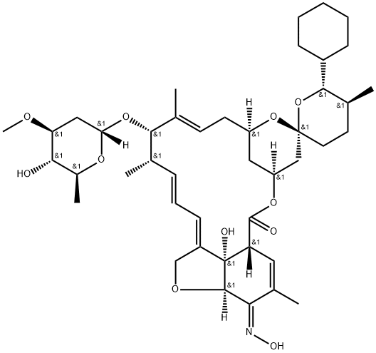 Avermectin A1a, 25-cyclohexyl-4-O-de(2,6-dideoxy-3-O-methyl-.alpha.-L-arabino-hexopyranosyl)-5-demethoxy-25-de(1-methylpropyl)-22,23-dihydro-5-(hydroxyimino)- Struktur