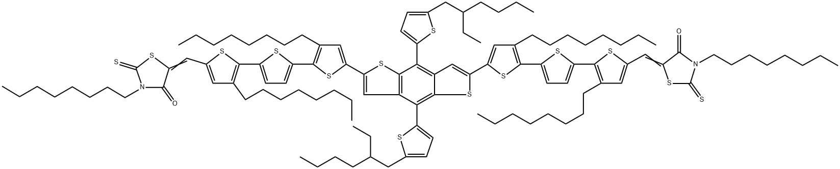 2,6-Bis[2,5-bis(3-octylrhodanine)-(3,3-dioctyl-2,2':5,2''-terthiophene)]-4,8-bis((5-ethylhexyl)thiophen-2-yl)benzo[1,2-b:4,5-b']dithiophene Struktur