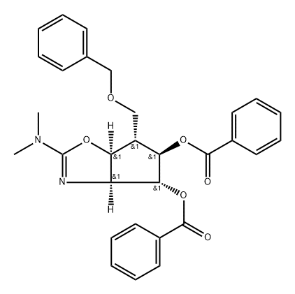 4H-Cyclopentoxazole-4,5-diol, 2-(dimethylamino)-3a,5,6,6a-tetrahydro-6-(phenylmethoxy)methyl-, dibenzoate (ester), 3aS-(3a.alpha.,4.alpha.,5.beta.,6.alpha.,6a.alpha.)- Struktur