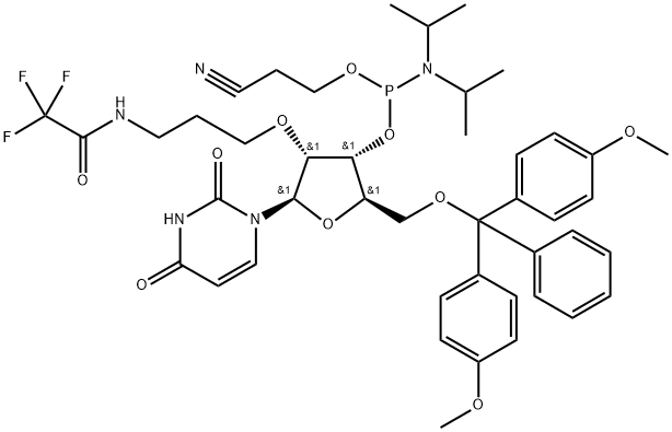 Uridine, 5'-O-[bis(4-methoxyphenyl)phenylmethyl]-2'-O-[3-[(trifluoroacetyl)amino]propyl]-, 3'-[2-cyanoethyl bis(1-methylethyl)phosphoramidite] (9CI) Struktur