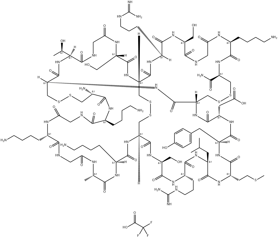 L-Cysteinamide, L-cysteinyl-L-lysylglycyl-L-lysylglycyl-L-alanyl-L-lysyl-L-cysteinyl-L-seryl-L-arginyl-L-leucyl-L-methionyl-L-tyrosyl-L-α-aspartyl-L-cysteinyl-L-cysteinyl-L-threonylglycyl-L-seryl-L-cysteinyl-L-arginyl-L-serylglycyl-L-lysyl-, cyclic (1→16),(8→20),(15→25)-tris(disulfide), 2,2,2-trifluoroacetate (1:?) Struktur