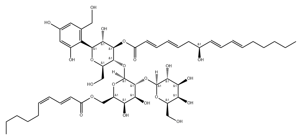 D-Glucitol, O-β-D-galactopyranosyl-(1→2)-O-6-O-[(2E,4Z)-1-oxo-2,4-decadienyl]-β-D-galactopyranosyl-(1→3)-1,5-anhydro-1-C-[2,4-dihydroxy-6-(hydroxymethyl)phenyl]-, 3-[(2E,4E,7S,8E,10E)-7-hydroxy-2,4,8,10-hexadecatetraenoate] (9CI) Struktur