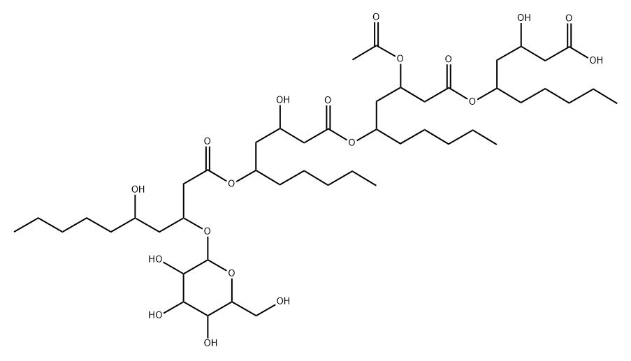 Decanoic acid, 3-(acetyloxy)-5-[[(3R,5R)-3-hydroxy-5-[[(3R,5R)-5-hydroxy-3-(β-D-mannopyranosyloxy)-1-oxodecyl]oxy]-1-oxodecyl]oxy]-, (1R)-1-[(2R)-3-carboxy-2-hydroxypropyl]hexyl ester, (3R,5R)- (9CI) Struktur