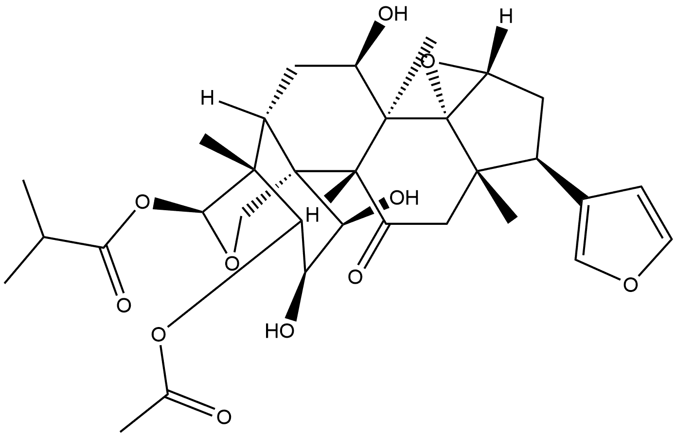 24-Norchola-20,22-diene-4-carboxaldehyde, 3-(acetyloxy)-14,15:21,23-diepoxy-1,2,7,19-tetrahydroxy-4,8-dimethyl-11-oxo-, cyclic 4,19-[2-methyl-1-oxopropyl (S)-acetal], (1α,2α,3α,4β,5α,7α,13α,14β,15β,17α)- (9CI) Struktur