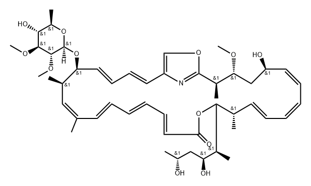 14,32-Dioxa-33-azabicyclo[28.2.1]tritriaconta-1(33),6,8,10,16,18,20,22,26,28,30-undecaen-15-one, 25-[(6-deoxy-2,3-di-O-methyl-α-D-glucopyranosyl)oxy]-13-[(1S,2S,4R)-2,4-dihydroxy-1-methylpentyl]-5-hydroxy-3-methoxy-2,12,22,24-tetramethyl-, (2R,3R,5R,6E,8E,10Z,12S,13S,16Z,18E,20Z,22E,24R,25S,26Z,28E)... Struktur