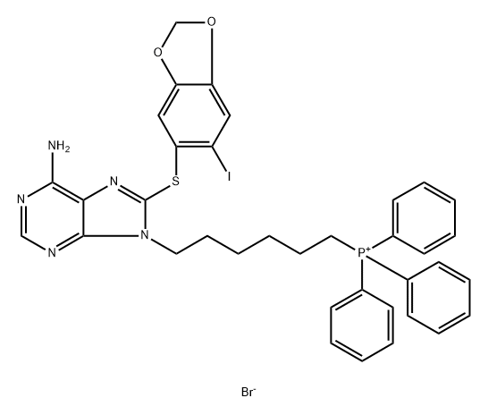 Phosphonium, [6-[6-amino-8-[(6-iodo-1,3-benzodioxol-5-yl)thio]-9H-purin-9-yl]hexyl]triphenyl-, bromide (1:1) Struktur