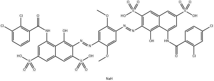 2,7-Naphthalenedisulfonic acid, 5-[(2,3-dichlorobenzoyl)amino]-3-[2-[4-[2-[8-[(2,4-dichlorobenzoyl)amino]-1-hydroxy-3,6-disulfo-2-naphthalenyl]diazenyl]-2,5-dimethoxyphenyl]diazenyl]-4-hydroxy-, sodium salt (1:4) Struktur