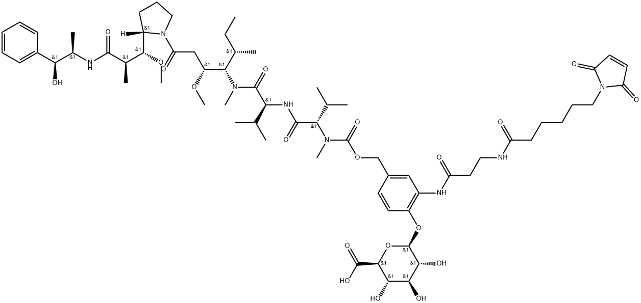 L-Valinamide, N-[[[3-[[3-[[6-(2,5-dihydro-2,5-dioxo-1H-pyrrol-1-yl)-1-oxohexyl]amino]-1-oxopropyl]amino]-4-(β-D-glucopyranuronosyloxy)phenyl]methoxy]carbonyl]-N-methyl-L-valyl-N-[(1S,2R)-4-[(2S)-2-[(1R,2R)-3-[[(1R,2S)-2-hydroxy-1-methyl-2-phenylethyl]amino]-1-methoxy-2-methyl-3-oxopropyl]-1-pyrrolidinyl]-2-methoxy-1-[(1S)-1-methylpropyl]-4-oxobutyl]-N-methyl- Struktur