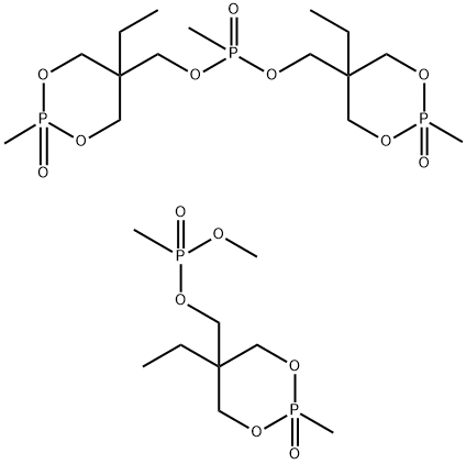 Phosphonic acid, methyl-, bis(5-ethyl-2-methyl-2,2-dioxido-1,3,2-dioxaphosphorinan-5-yl)methyl ester, mixt. with (5-ethyl-2-methyl-2-oxido-1,3,2-dioxaphosphorinan-5-yl)methyl methyl methylphosphonate Struktur