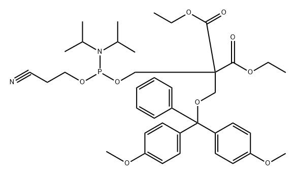 (2-cyanoethyl) (2,2-bis(ethoxycarbonyl)-3-(4,4'-dimethoxytrityloxy)propyl-1) N,N-diisopropylphosphoramidite Struktur