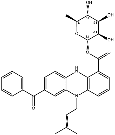 α-L-Mannopyranose, 6-deoxy-, 1-[7-benzoyl-5,10-dihydro-5-(3-methyl-2-buten-1-yl)-1-phenazinecarboxylate] Struktur