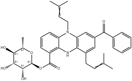 α-L-Mannopyranose, 6-deoxy-, 1-[7-benzoyl-5,10-dihydro-5,9-bis(3-methyl-2-buten-1-yl)-1-phenazinecarboxylate] Struktur