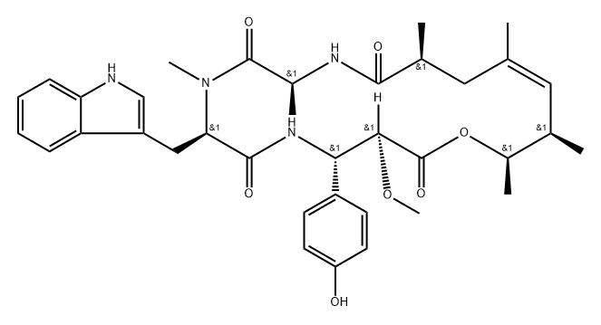 Cyclo[(2S,3S)-3-(4-hydroxyphenyl)-2-methoxy-β-alanyl-(2S,4E,6R,7R)-7-hydroxy-2,4,6-trimethyl-4-octenoyl-L-alanyl-N-methyl-D-tryptophyl] Struktur